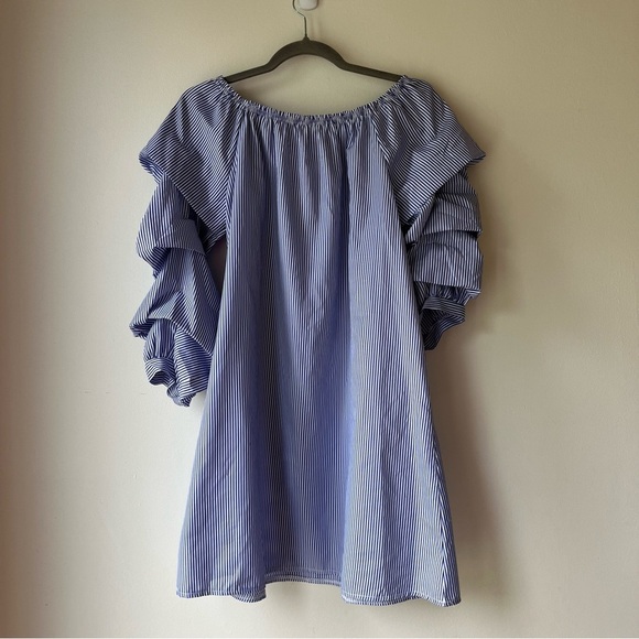 Ruffle Sleeve Off Shoulder mini dress Blue White Stripe Cotton Blend M - Picture 10 of 10